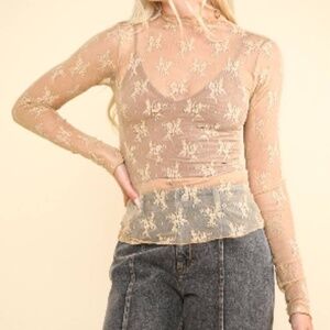 Lace Long Sleeve Mesh Layering Top Long Sleeves Champagne